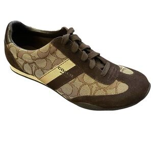 Coach Kelson Signature Suede Brown Canvas Khaki Sneakers Trainers Size 8